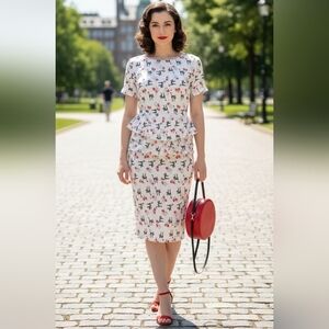 {Chelsea & Violet} 100% Silk Red Roses With Black Cats Print Top and Skirt